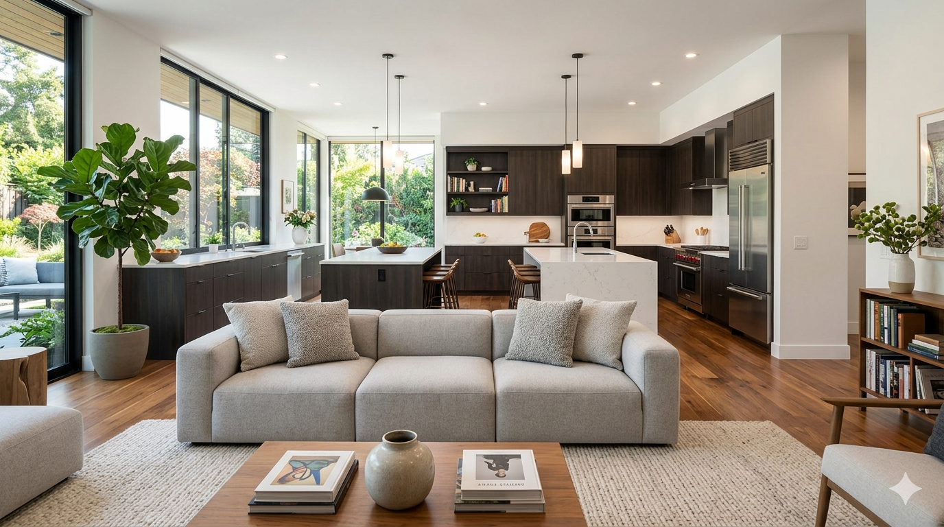 Textural interior with layered furnishings